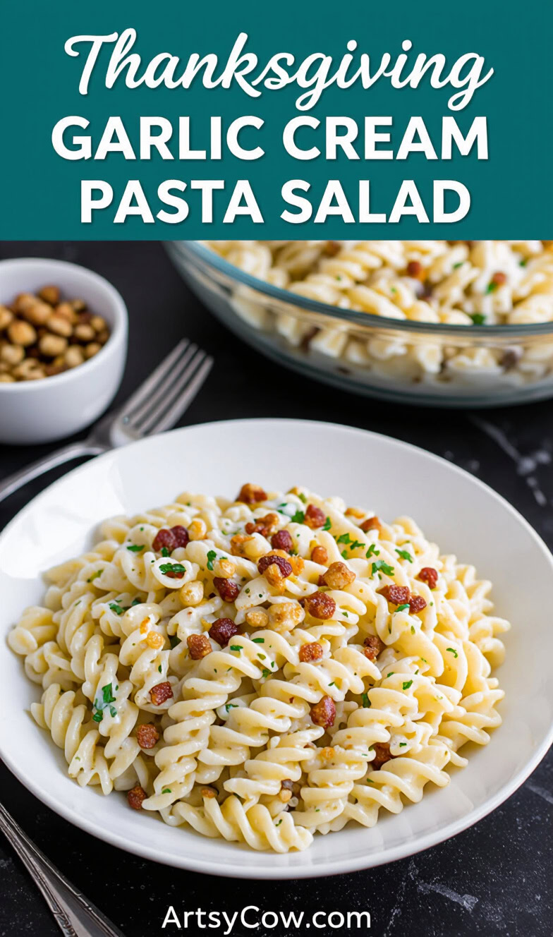 thanksgiving garlic cream pasta salad pin image