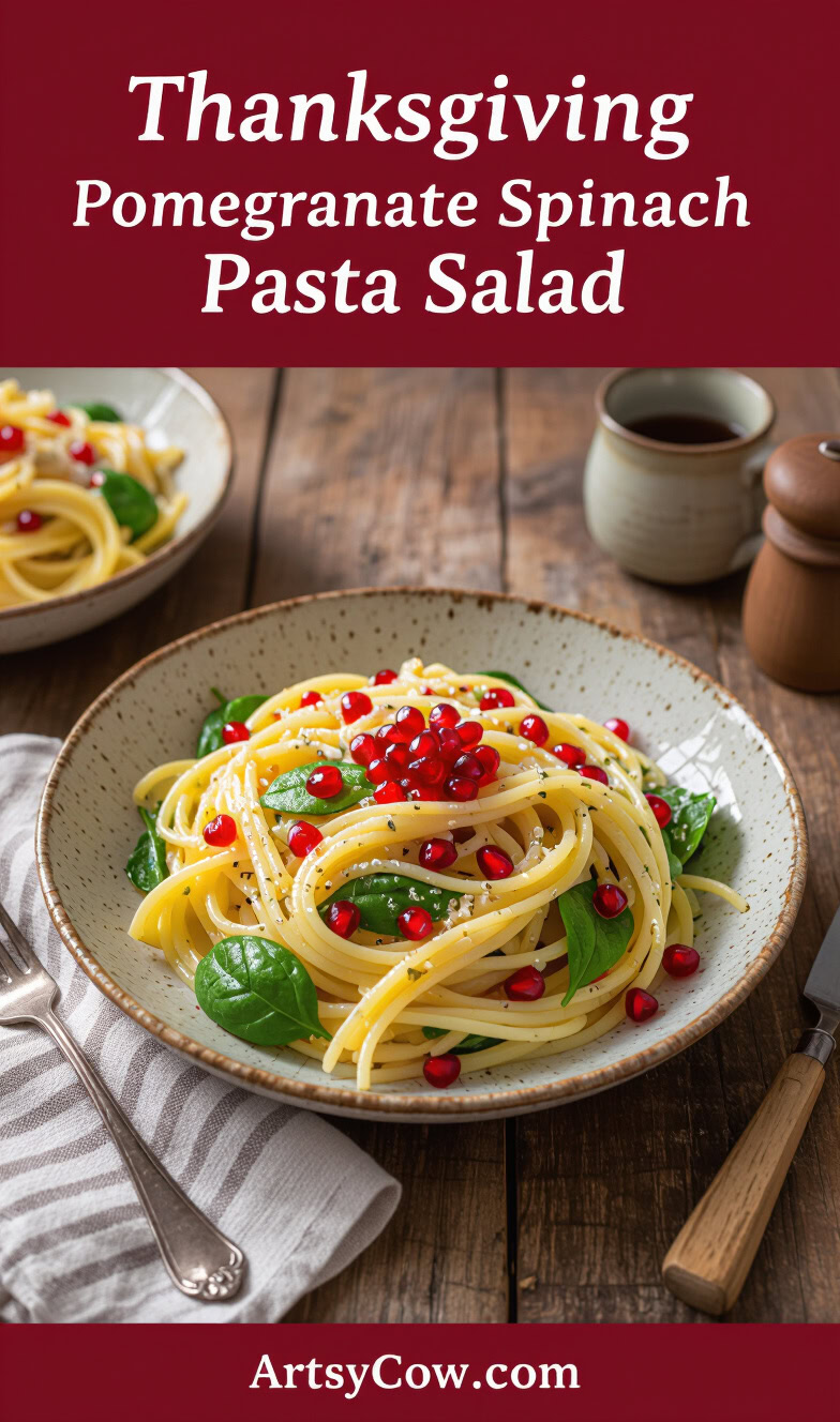 thanksgiving pomegranate spinach pasta salad pin image