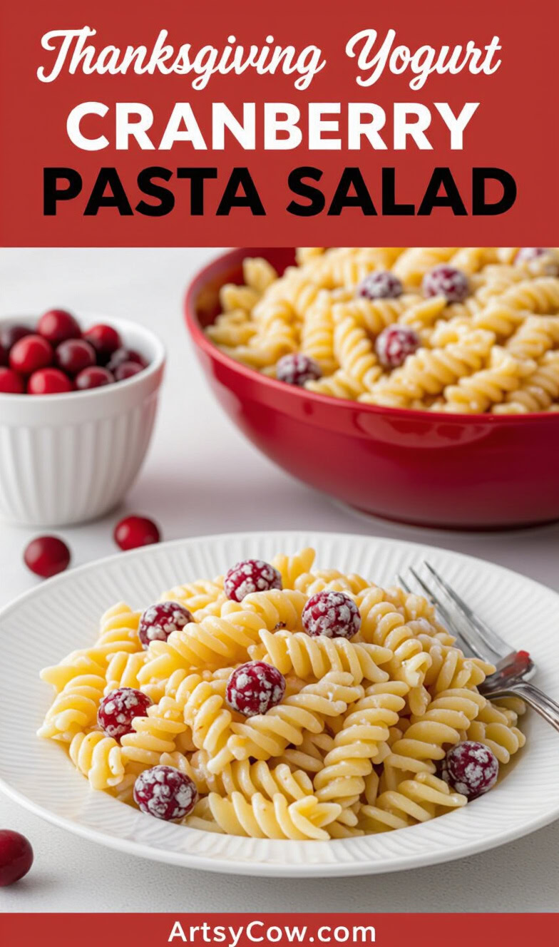 thanksgiving yogurt cranberry pasta salad pin image