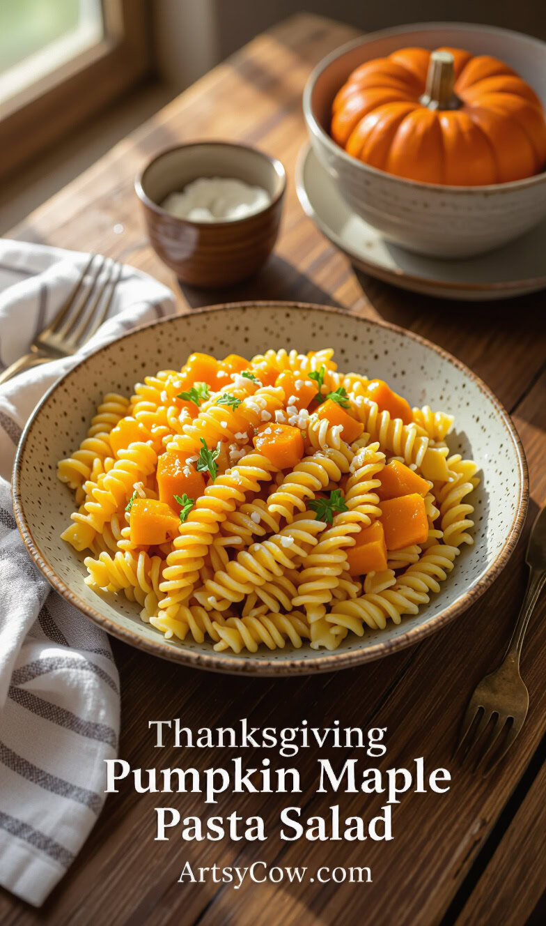 thanksgiving pumpkin maple pasta salad pin image