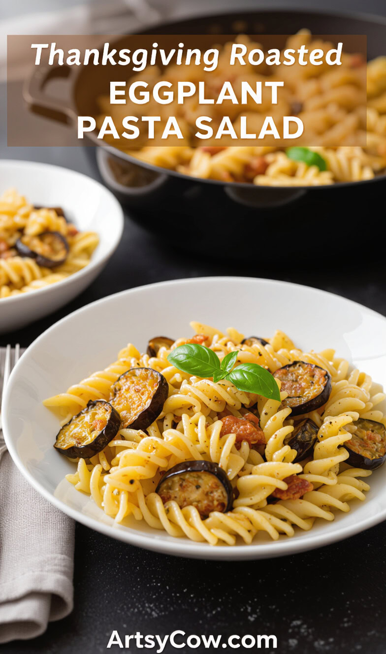 thanksgiving roasted eggplant pasta salad pin image
