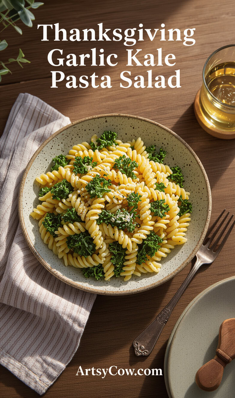 thanksgiving garlic kale pasta salad pin image