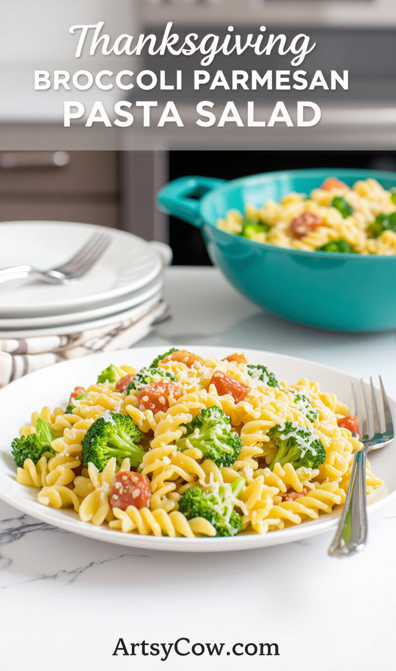thanksgiving broccoli parmesan pasta salad pin image