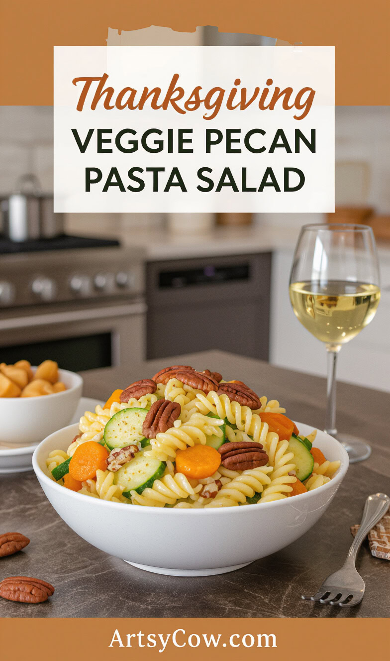 thanksgiving veggie pecan pasta salad pin image