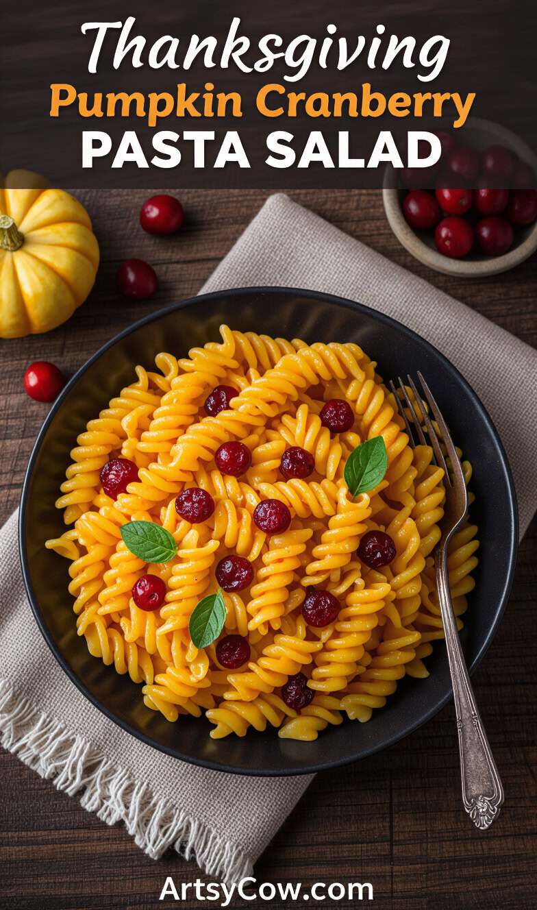 thanksgiving pumpkin cranberry pasta salad pin image