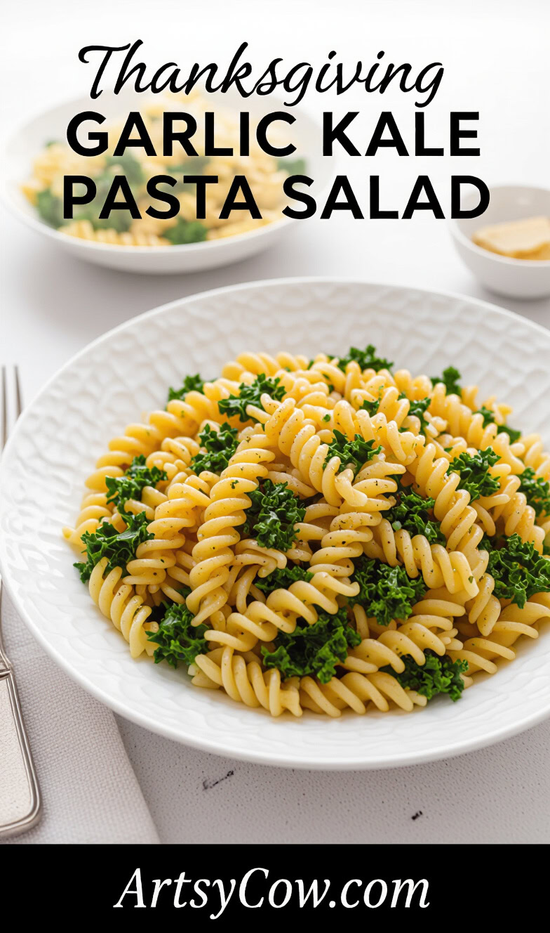 thanksgiving garlic kale pasta salad pin image