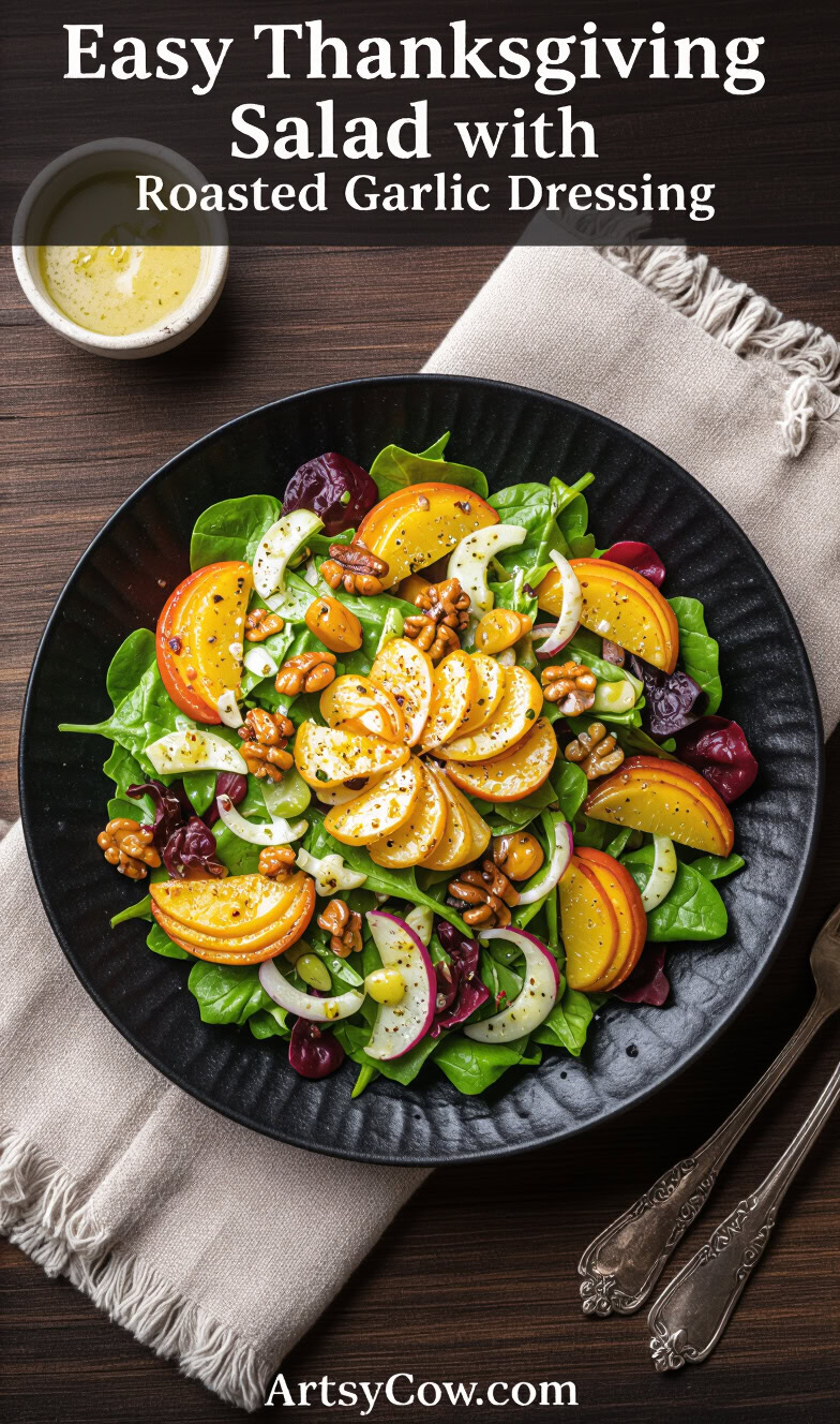easy thanksgiving salad with roasted garlic dressing pin image