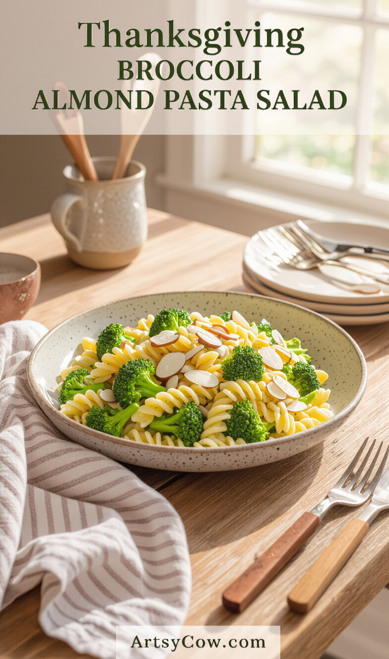thanksgiving broccoli almond pasta salad pin image