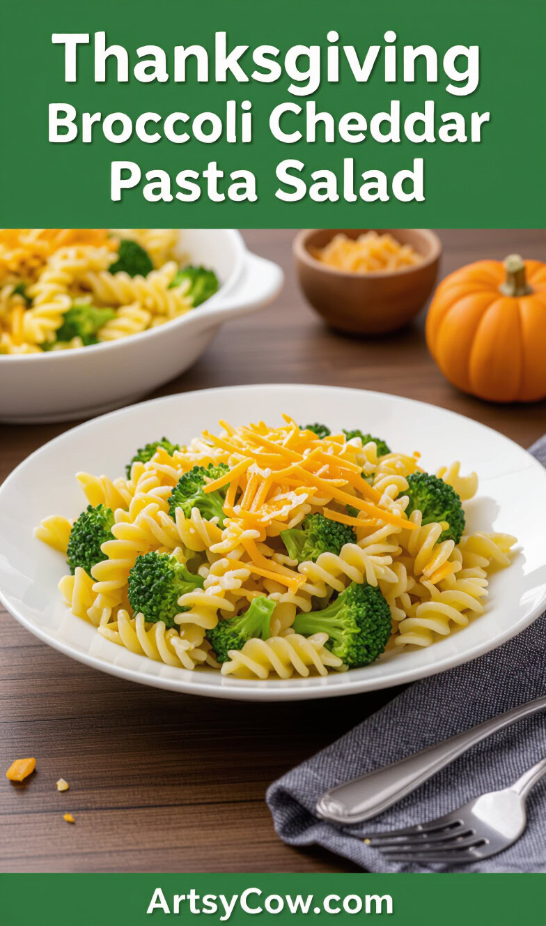 thanksgiving broccoli cheddar pasta salad pin image