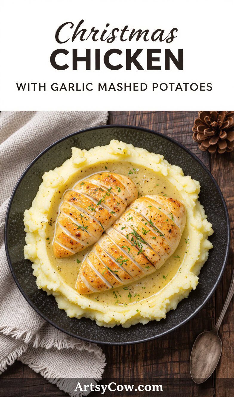 christmas chicken with garlic mashed potatoes pin image
