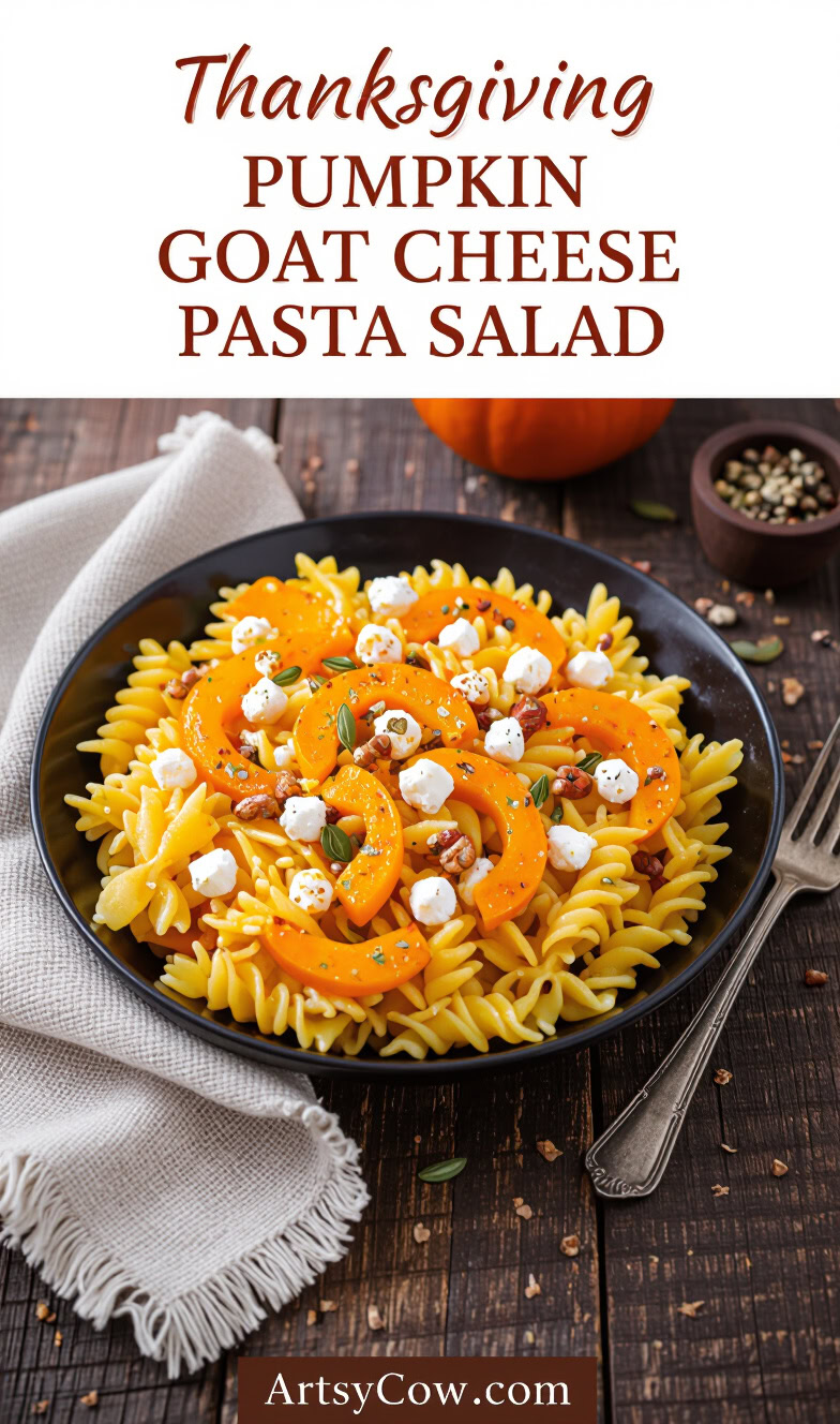 thanksgiving pumpkin goat cheese pasta salad pin image