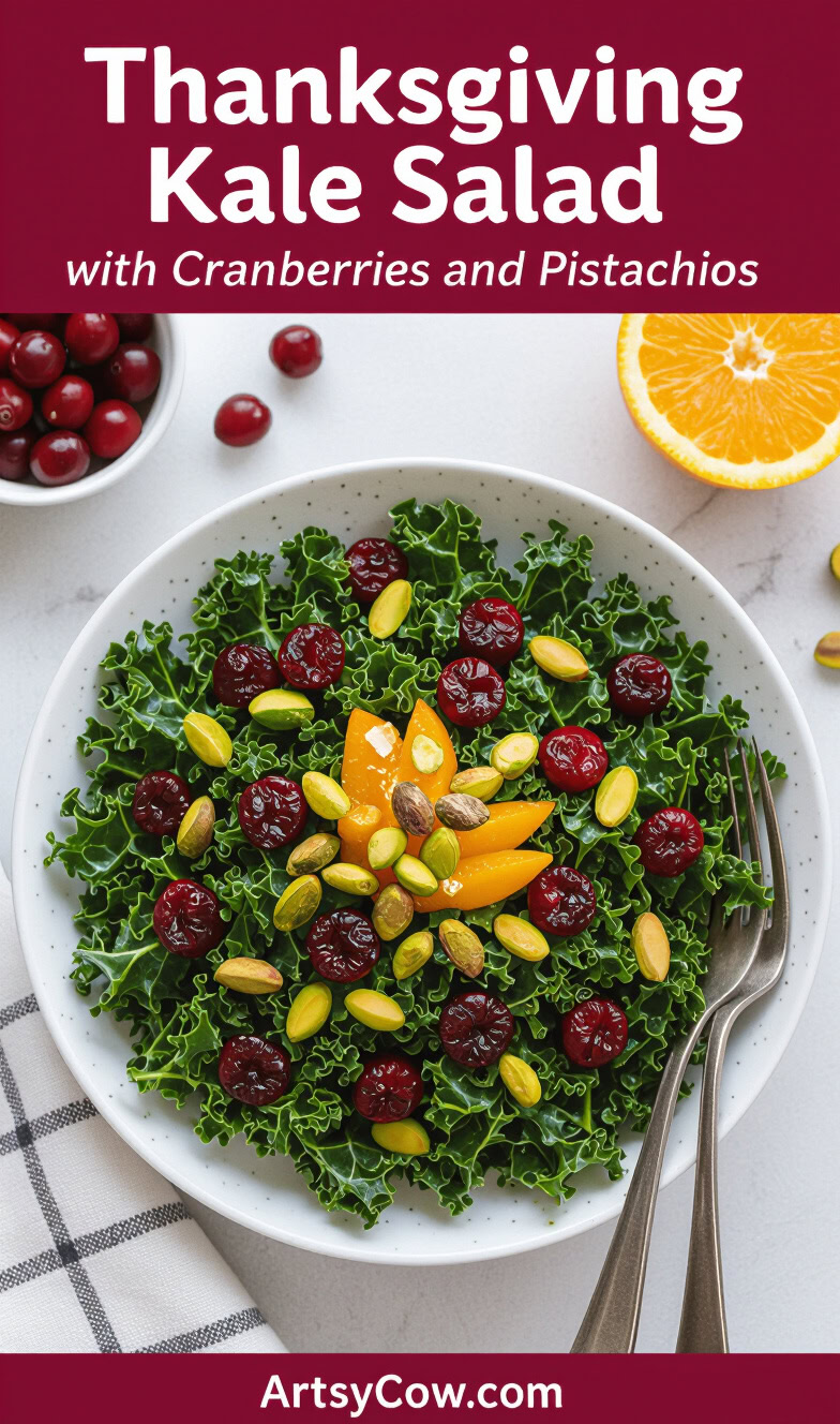 thanksgiving kale salad with cranberries and pistachios pin image