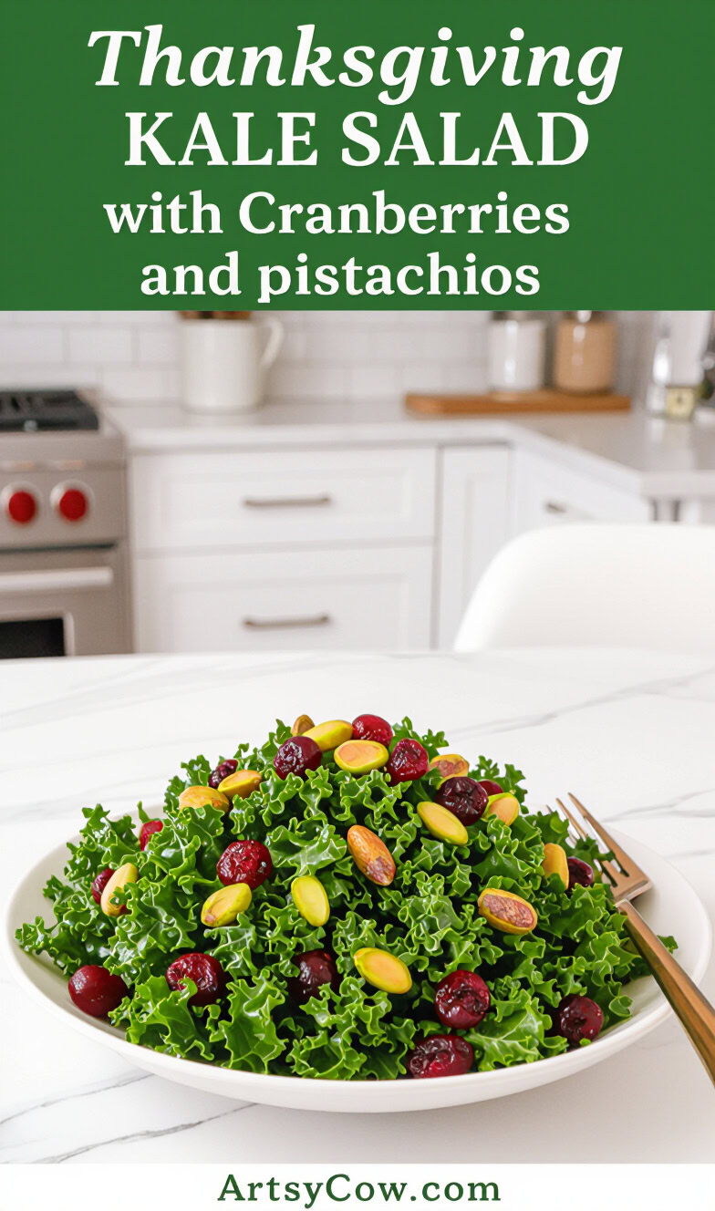 thanksgiving kale salad with cranberries and pistachios pin image