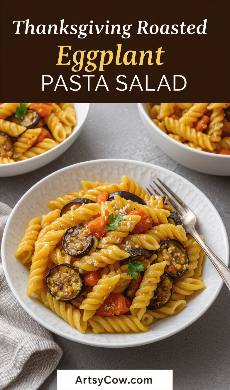 thanksgiving roasted eggplant pasta salad pin image