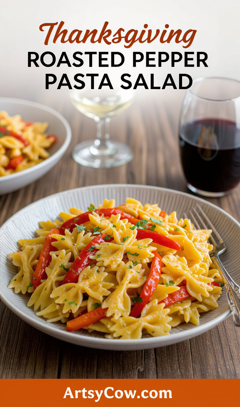thanksgiving roasted pepper pasta salad pin image