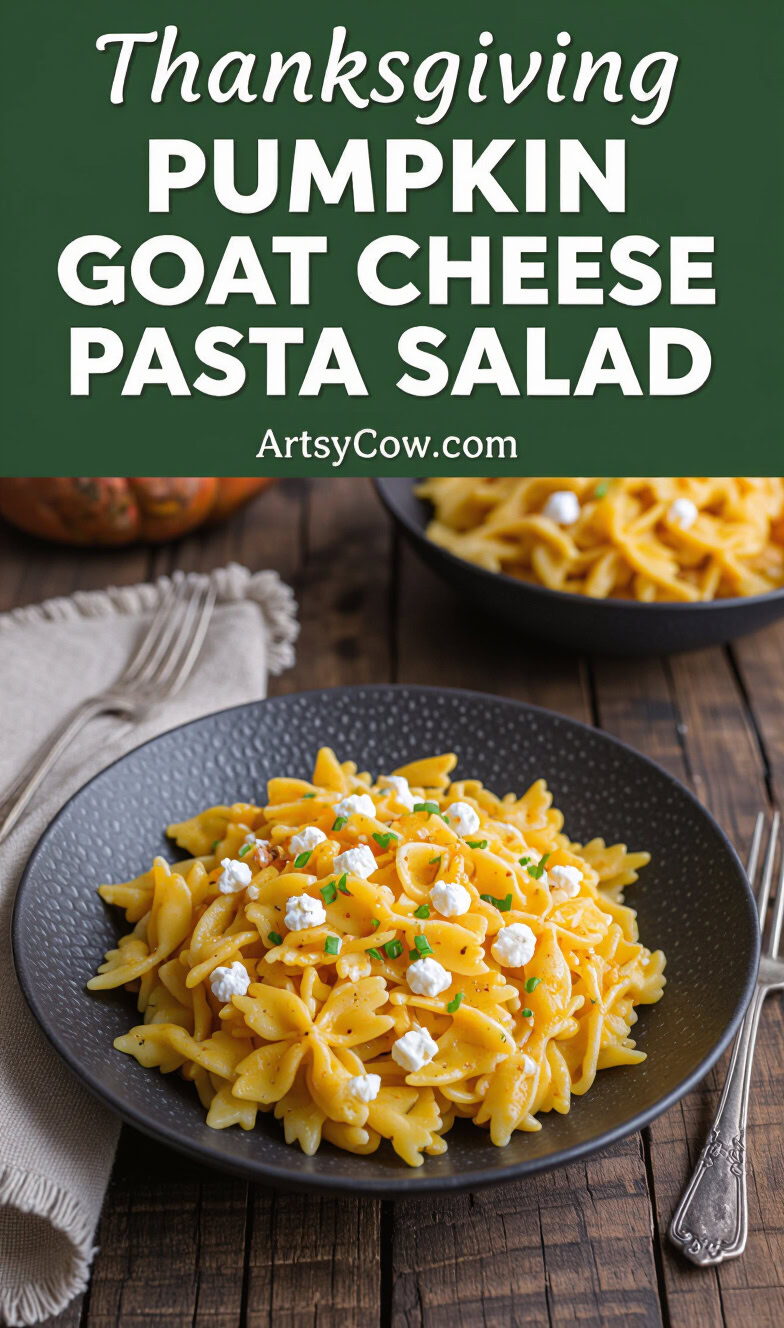 thanksgiving pumpkin goat cheese pasta salad pin image