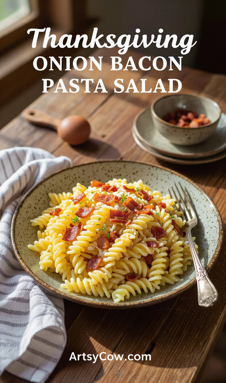 thanksgiving onion bacon pasta salad pin image