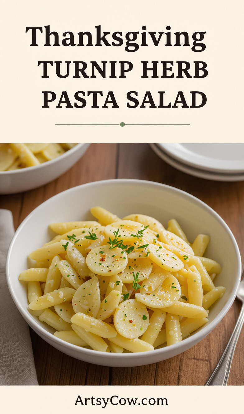 thanksgiving turnip herb pasta salad pin image
