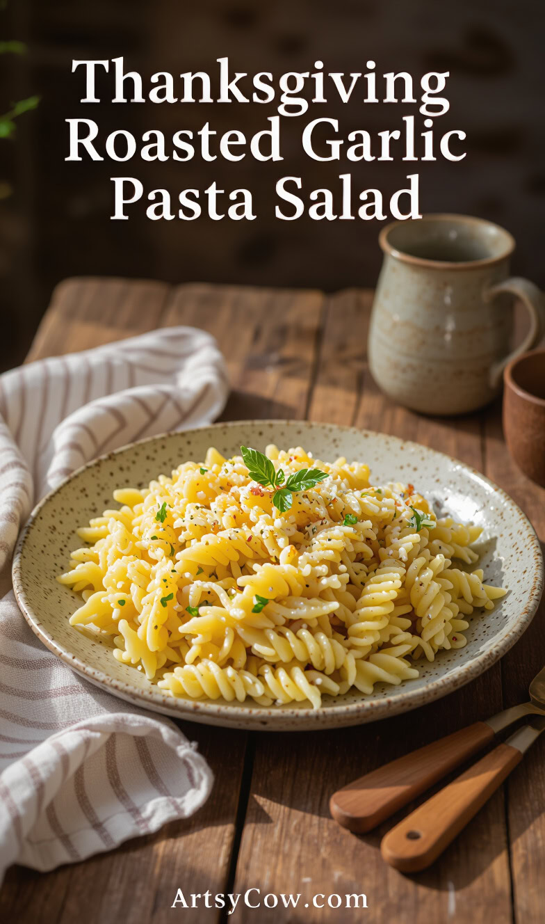 thanksgiving roasted garlic pasta salad pin image