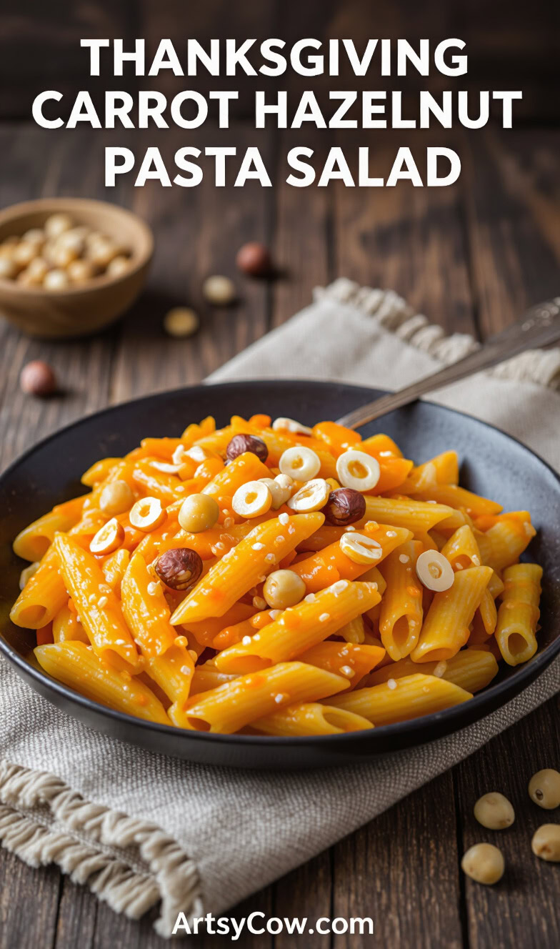 thanksgiving carrot hazelnut pasta salad pin image