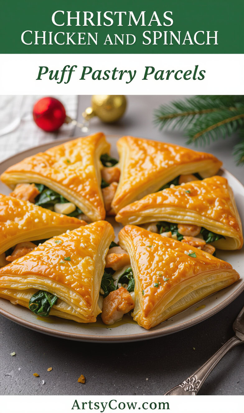christmas chicken and spinach puff pastry parcels pin image