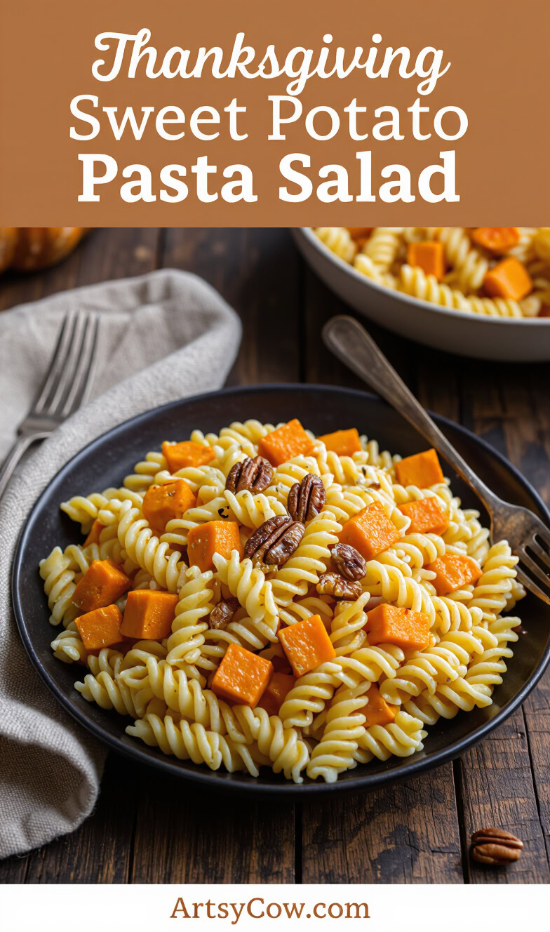 thanksgiving sweet potato pasta salad pin image