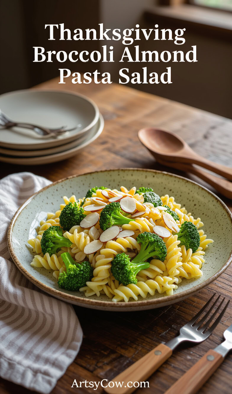 thanksgiving broccoli almond pasta salad pin image