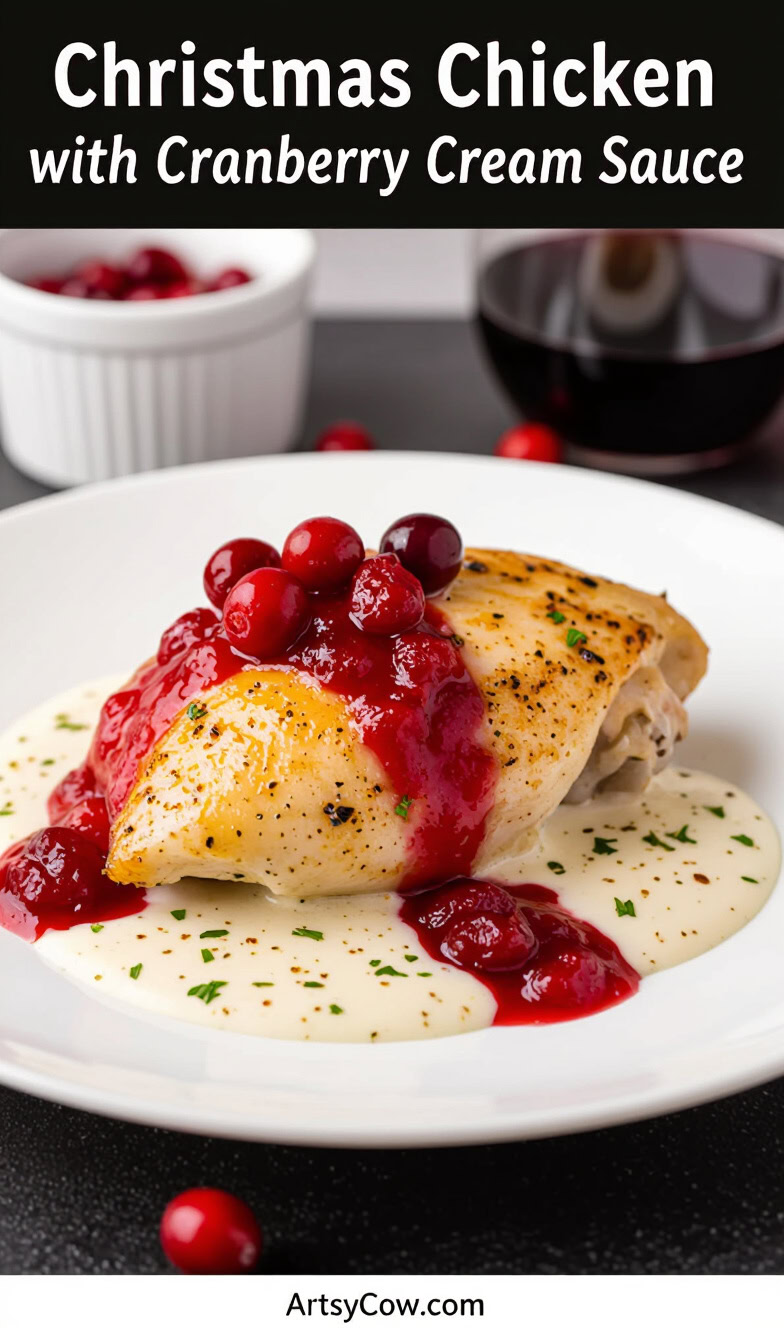 christmas chicken with cranberry cream sauce pin image