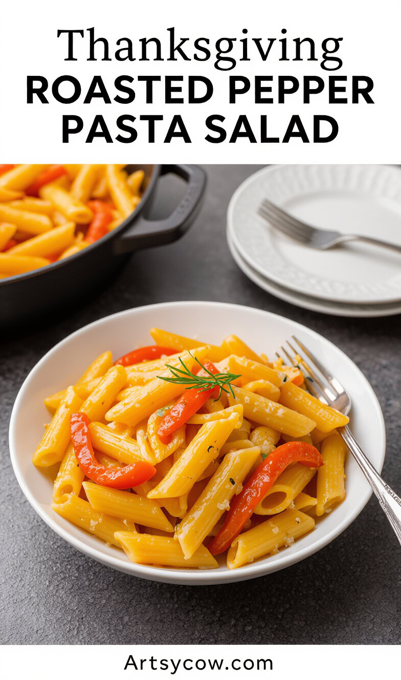 thanksgiving roasted pepper pasta salad pin image