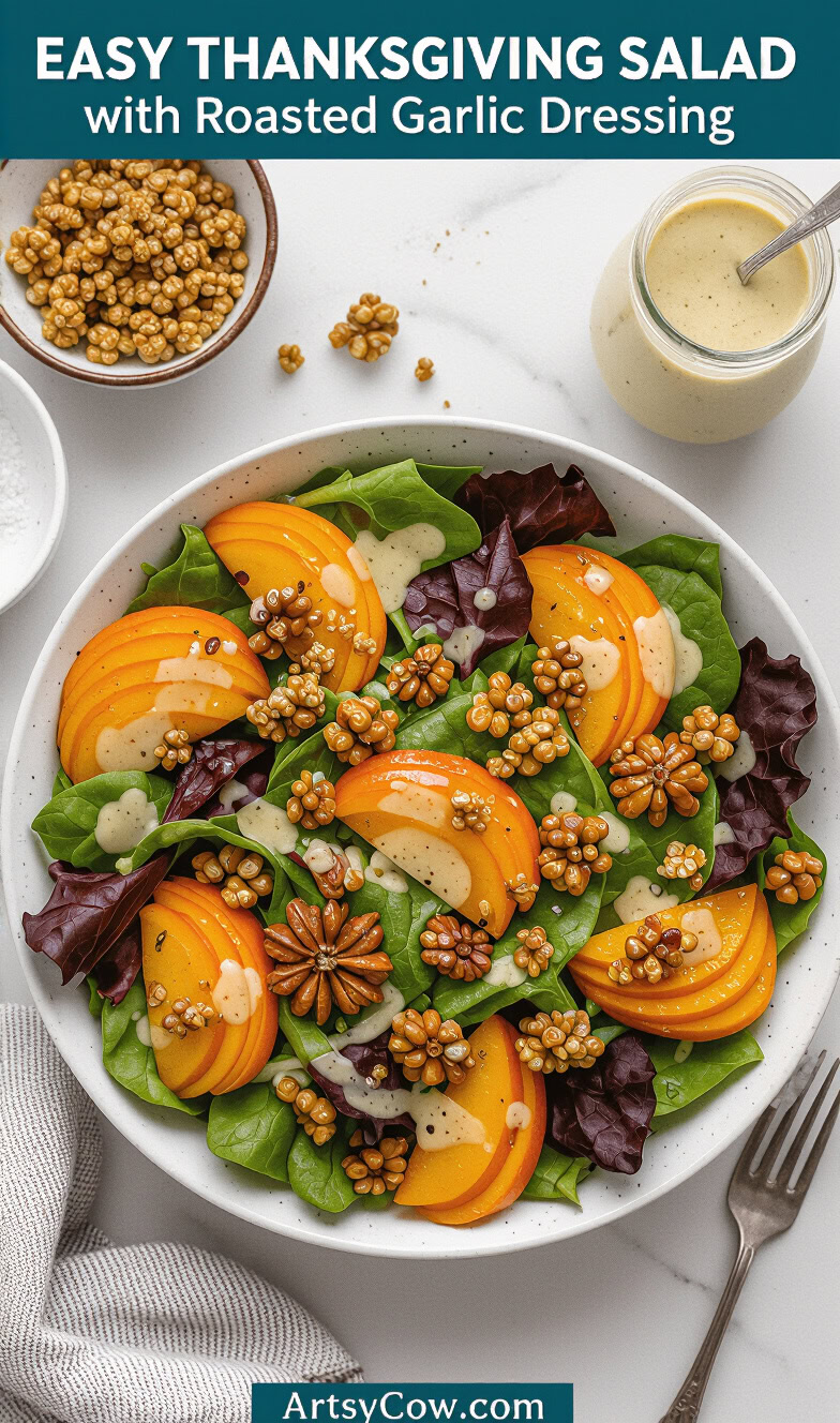 easy thanksgiving salad with roasted garlic dressing pin image