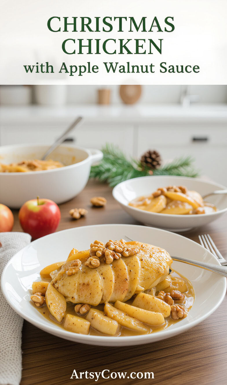 christmas chicken with apple walnut sauce pin image