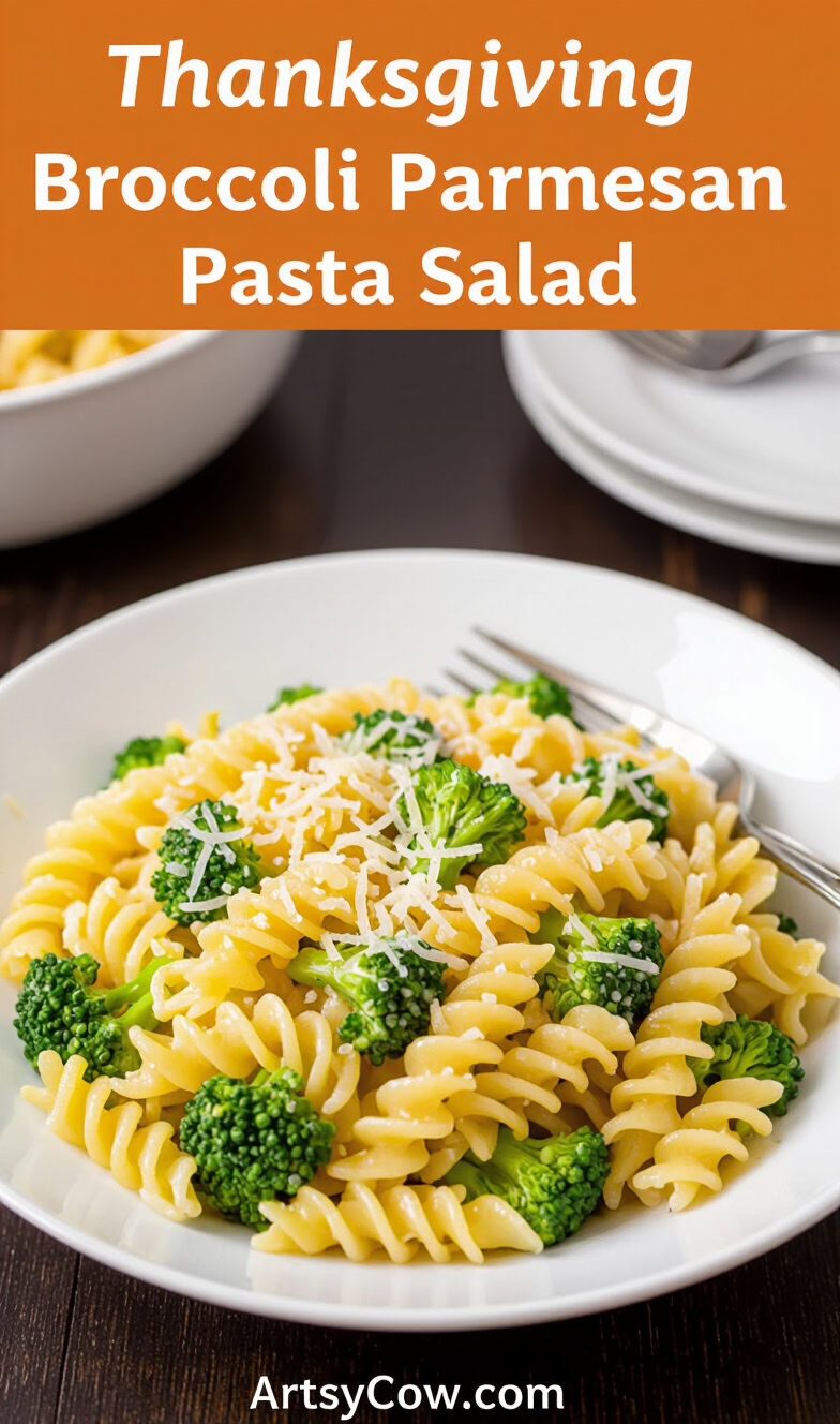 thanksgiving broccoli parmesan pasta salad pin image