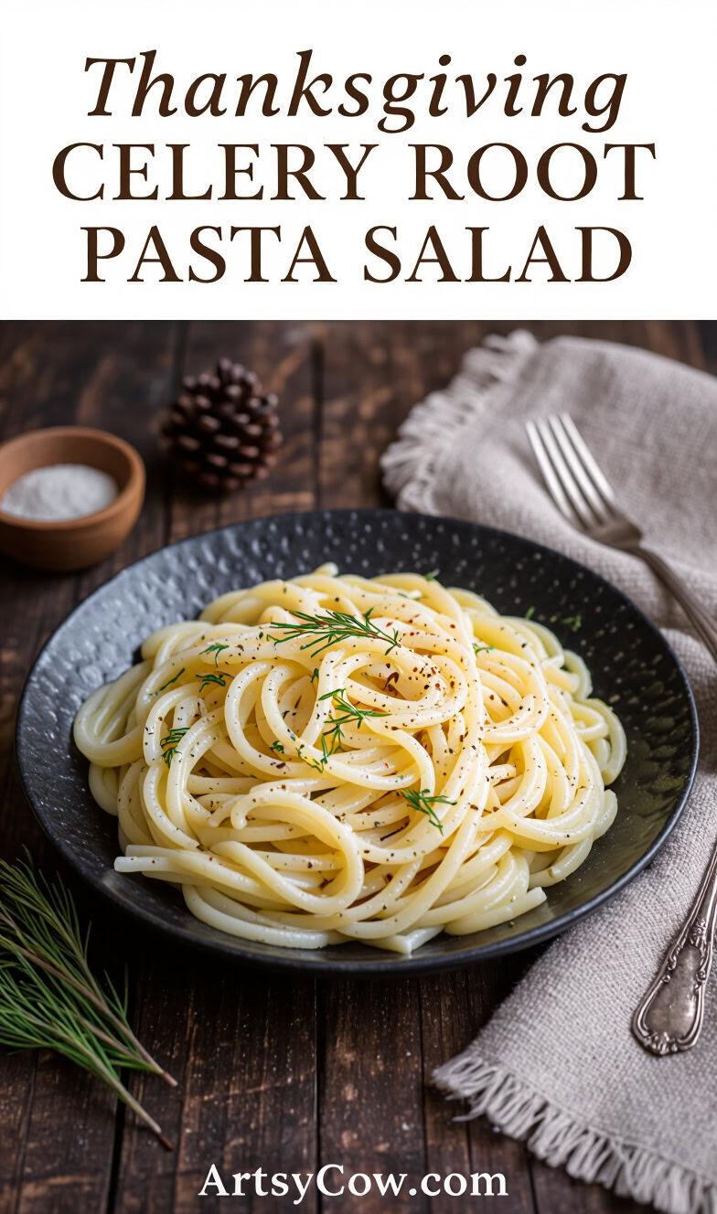 thanksgiving celery root pasta salad pin image