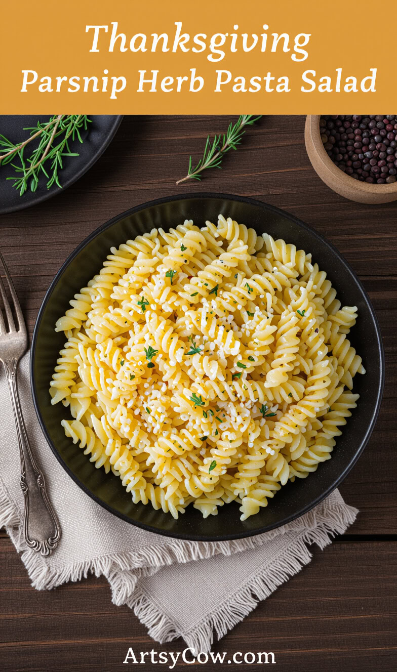 thanksgiving parsnip herb pasta salad pin image