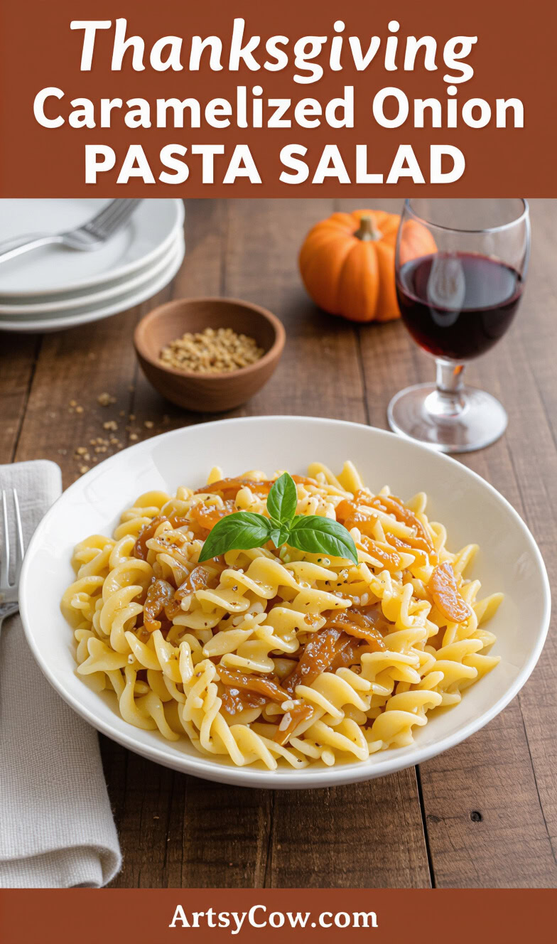 thanksgiving caramelized onion pasta salad pin image