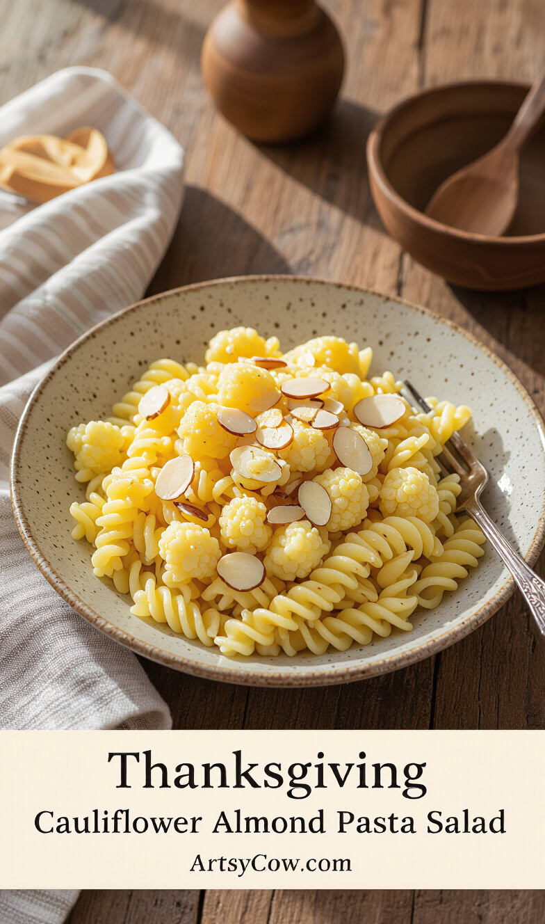 thanksgiving cauliflower almond pasta salad pin image
