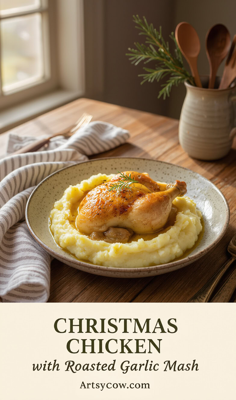 christmas chicken with roasted garlic mash pin image