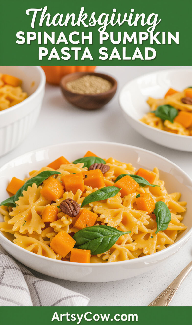 thanksgiving spinach pumpkin pasta salad pin image