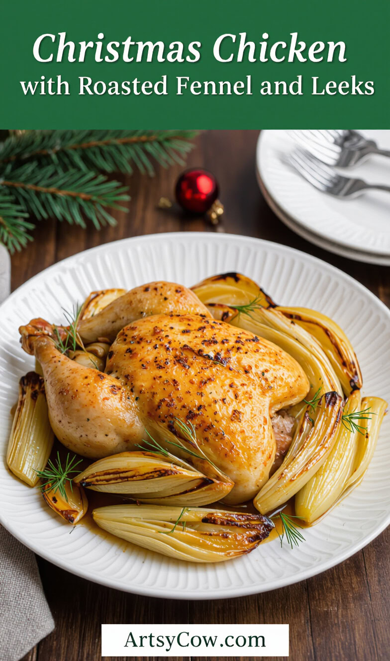 christmas chicken with roasted fennel and leeks pin image