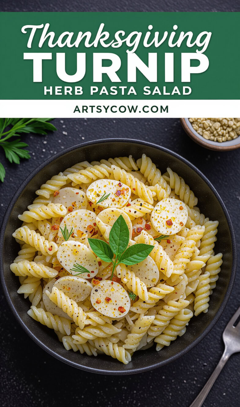 thanksgiving turnip herb pasta salad pin image