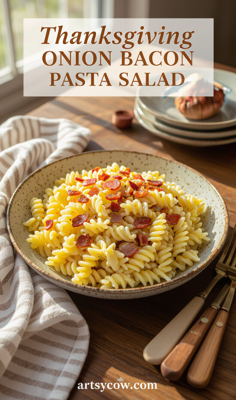 thanksgiving onion bacon pasta salad pin image