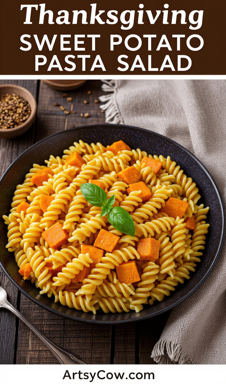 thanksgiving sweet potato pasta salad pin image