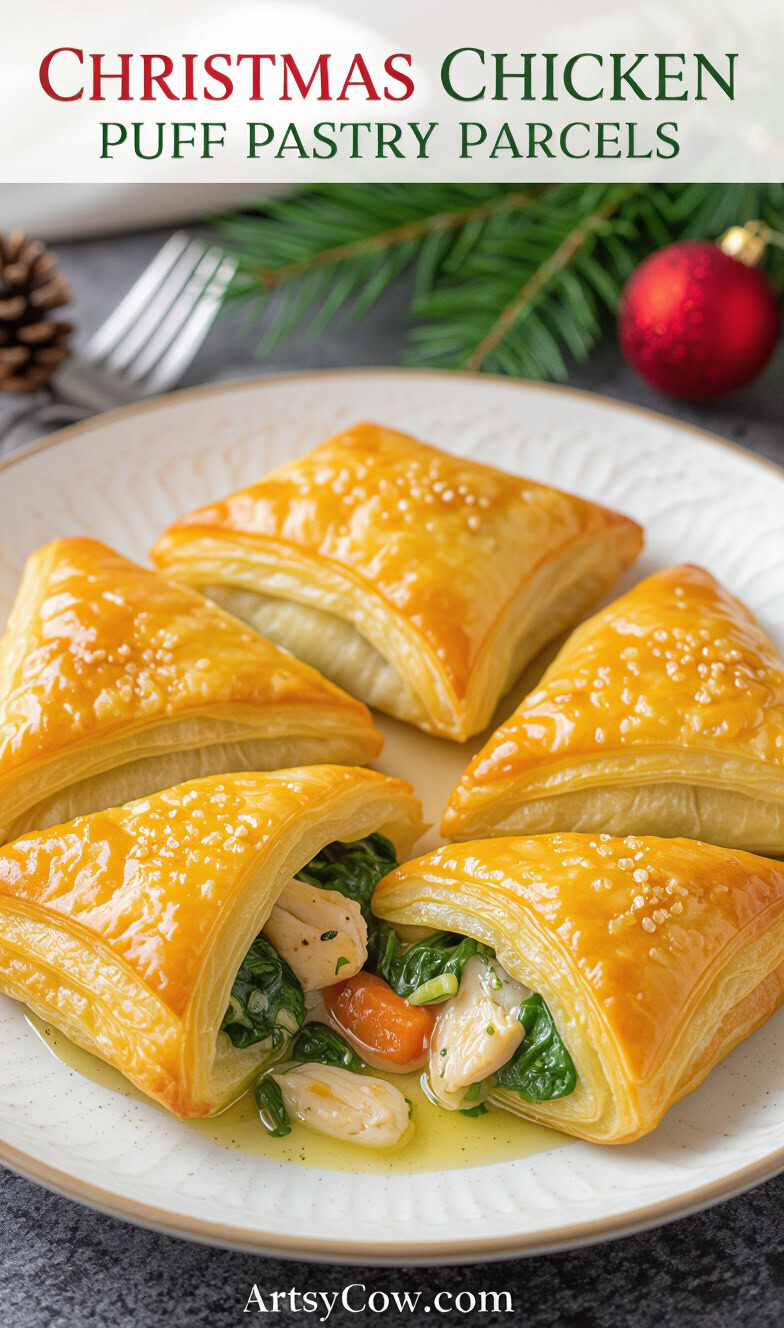christmas chicken and spinach puff pastry parcels pin image