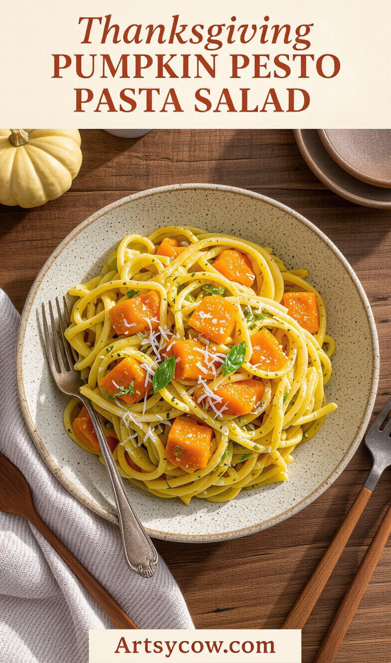 thanksgiving pumpkin pesto pasta salad pin image