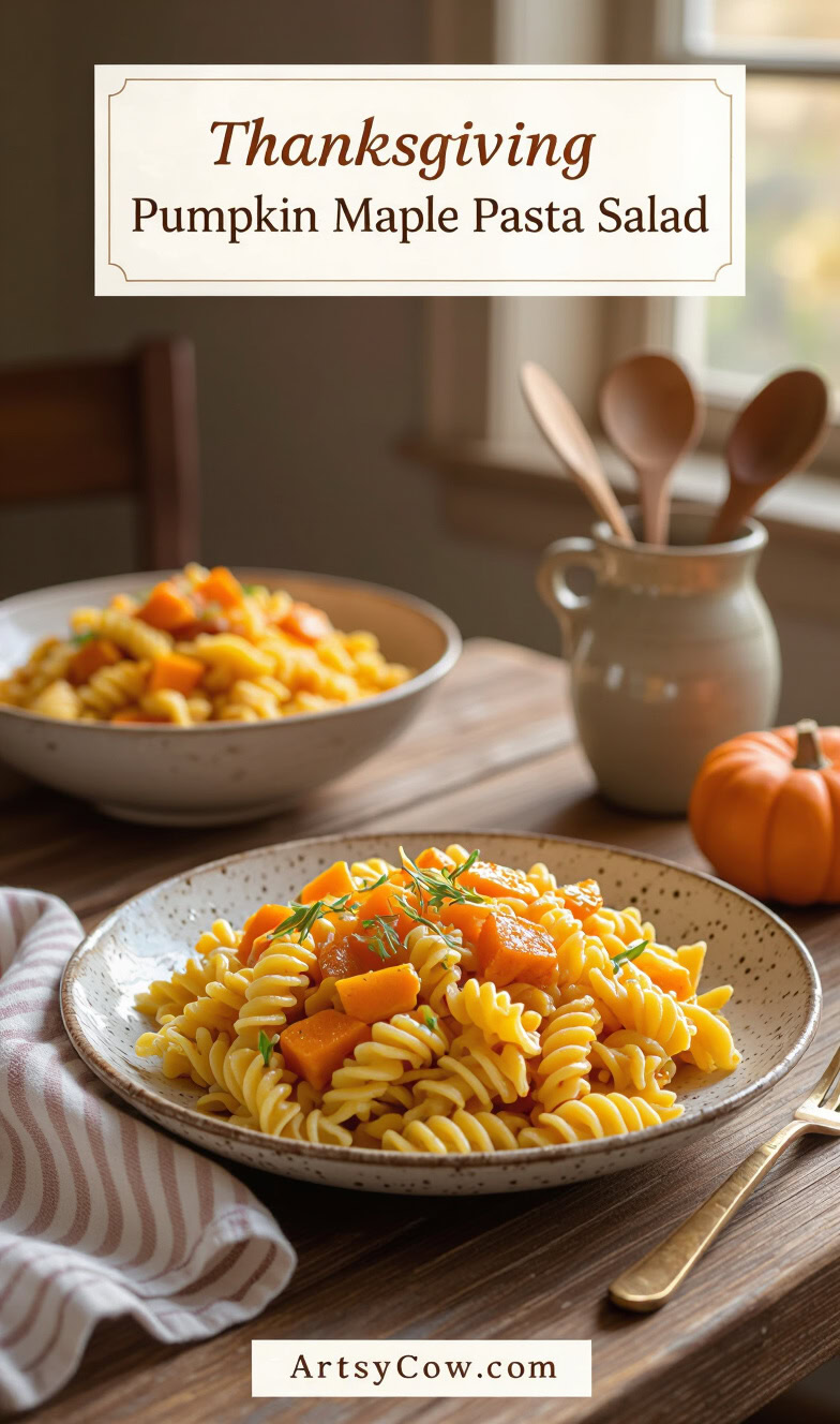 thanksgiving pumpkin maple pasta salad pin image