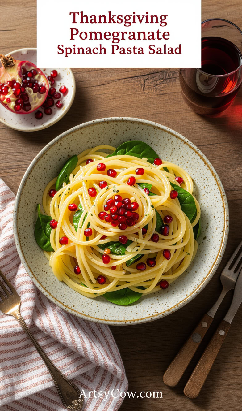 thanksgiving pomegranate spinach pasta salad pin image
