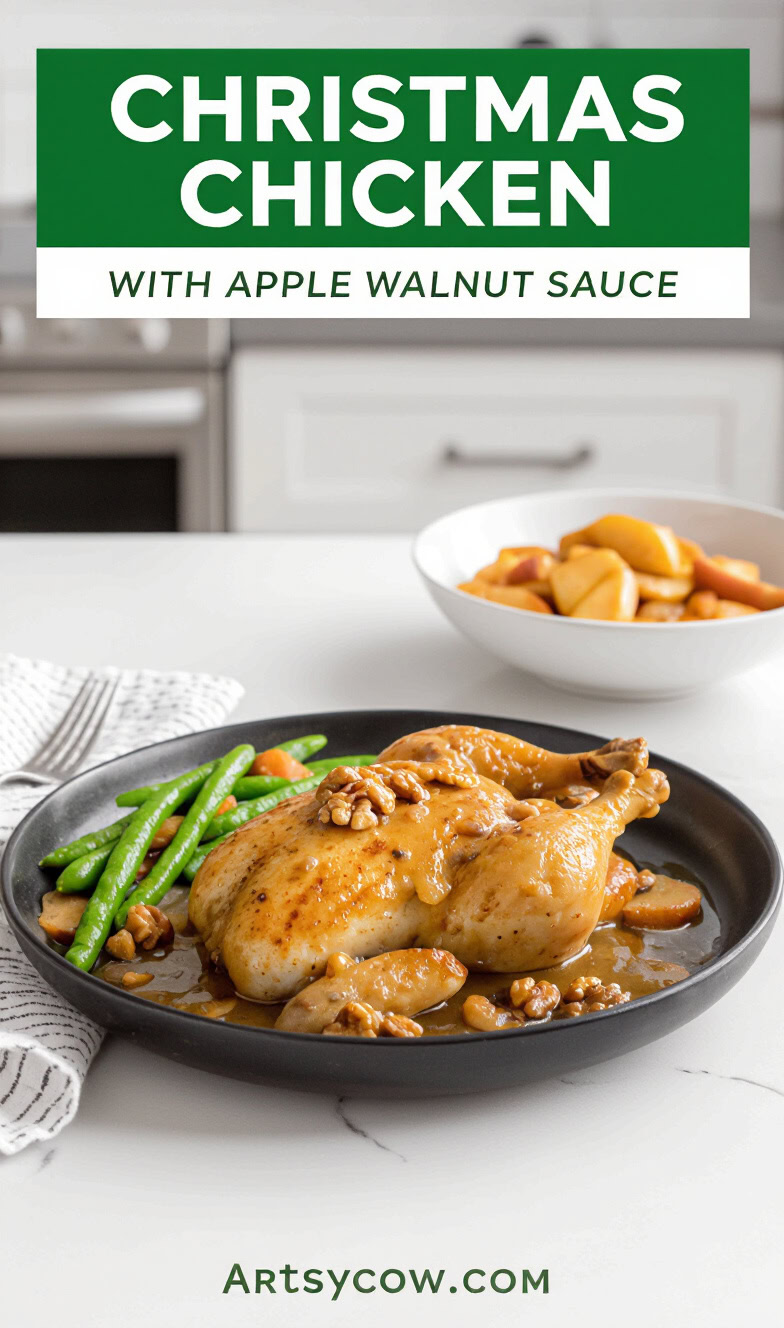 christmas chicken with apple walnut sauce pin image