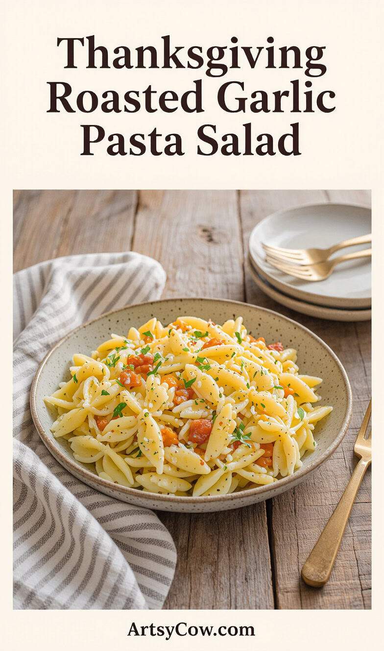 thanksgiving roasted garlic pasta salad pin image
