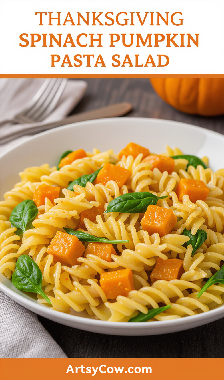 thanksgiving spinach pumpkin pasta salad pin image