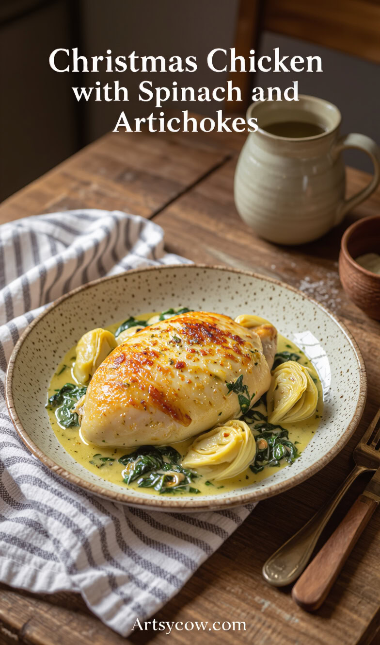 christmas chicken with spinach and artichokes pin image